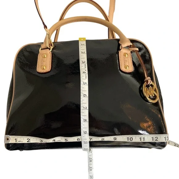 Michael Kors Black Patent Leather Top Handle Bowling Bag With Shoulder Strap